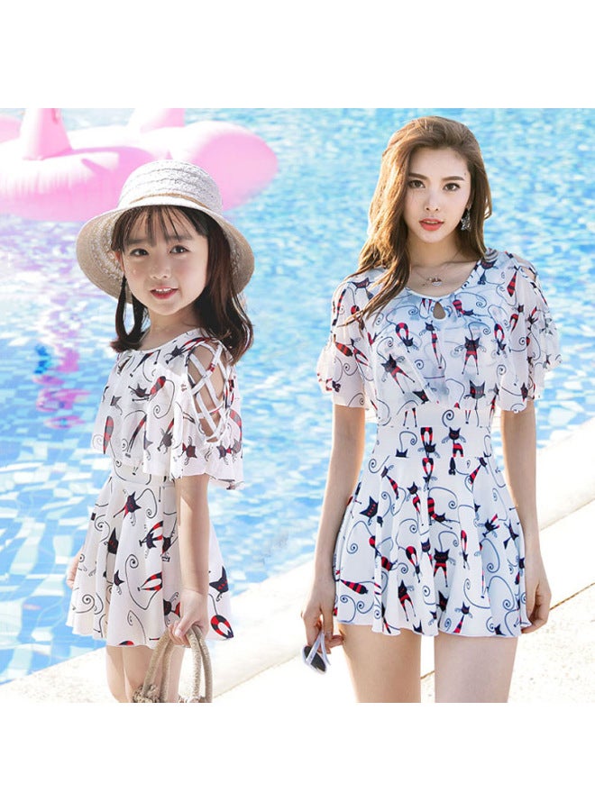 Parent-child Swimsuit Mother And Daughter Split Fashion Meat-covering Children's Swimsuit Girl Princess Dress Girl Hot Spring Swimsuit-Color:Children's Rice White Four-piece Set- - Image 3